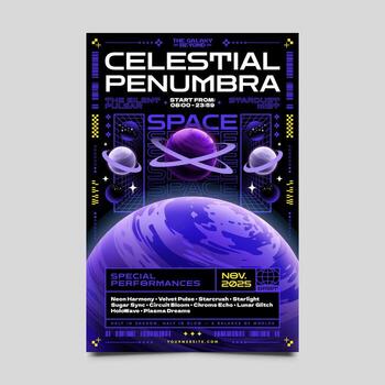 Celestial Penumbra Poster With Planet Alignment and Tech Design vector