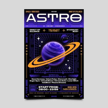 Astro Event Poster With Golden Ringed Planet and Digital Grid vector