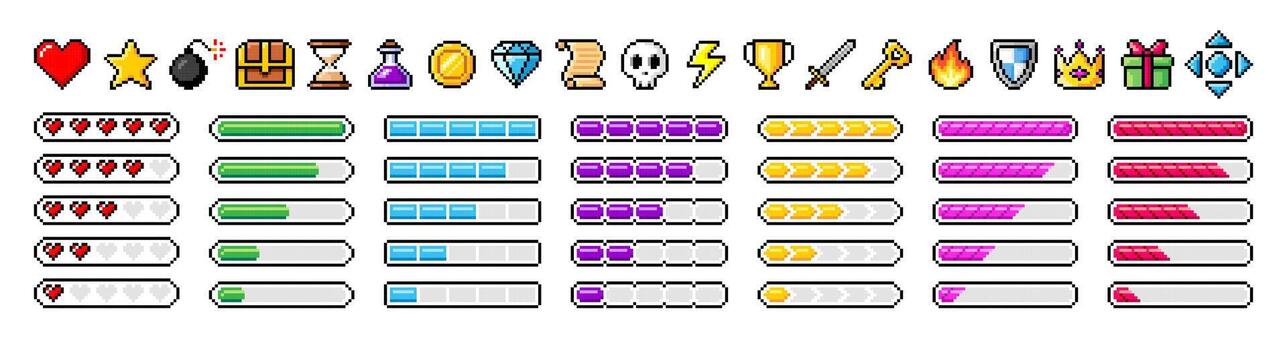 Pixel art game icons. Pixelated illustration of game buttons, progress bar. Retro 8 bit pixel assets for game vector