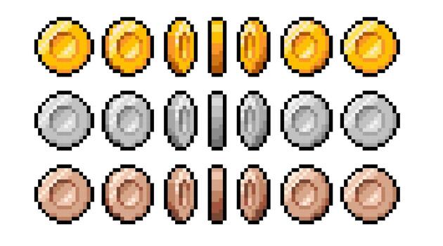 Pixel art coin icons. Pixelated illustration for animation. Retro 8 bit pixel assets for game vector