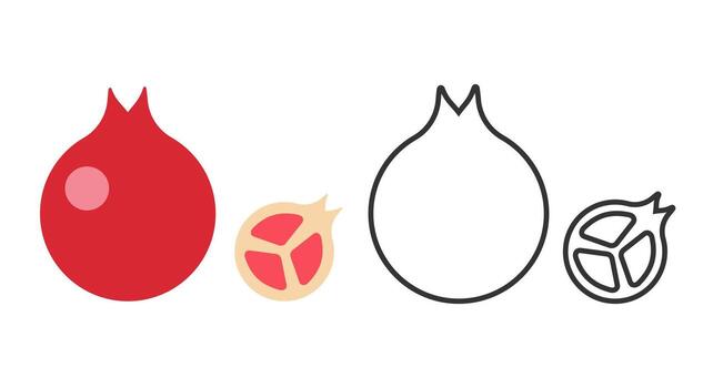 This artwork features a series of line icons that depict different styles of garnet fruit. Each icon presents a unique interpretation, from simple outlines to filled designs. vector