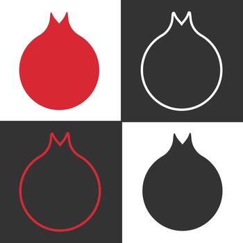Set of four garnet fruit line icons in red, white, and black. The minimalist design highlights the shape and features of the fruit, perfect for graphic design projects. vector