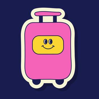 A bright pink suitcase cartoon sticker with a yellow smiling face on the front stands against a dark blue background. The design is simple, colorful, and retro, reminiscent of Y2K aesthetic. vector