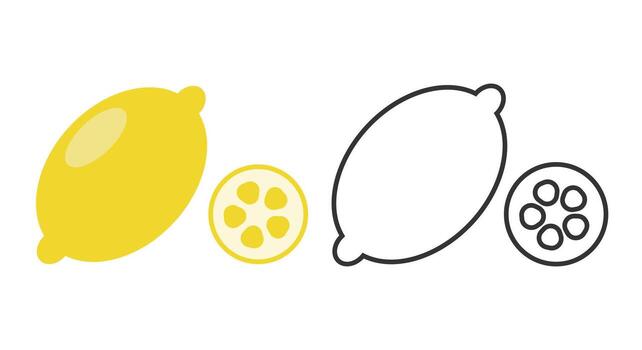 A collection of line icons showcasing a whole lemon and sliced lemon pieces. The design highlights the distinctive shape and texture of this popular citrus fruit. vector