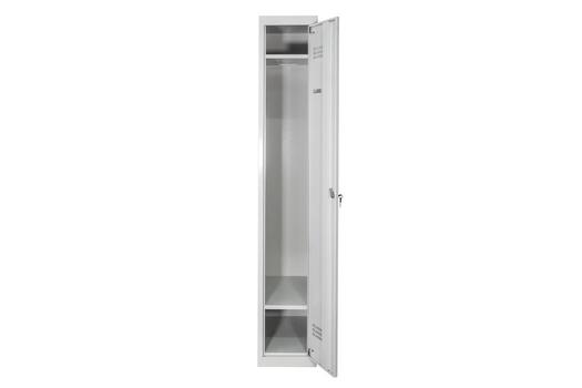 A white metal locker with a shelf and door open photo