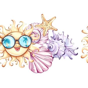 Bright and cheerful summer elements create a seamless pattern background, featuring happy sun, colorful seashells, and playful starfish, perfect for beach themed celebrations and holidays. vector