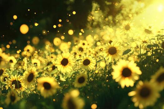 sunflowers are shown in a field with sunbeams shining photo