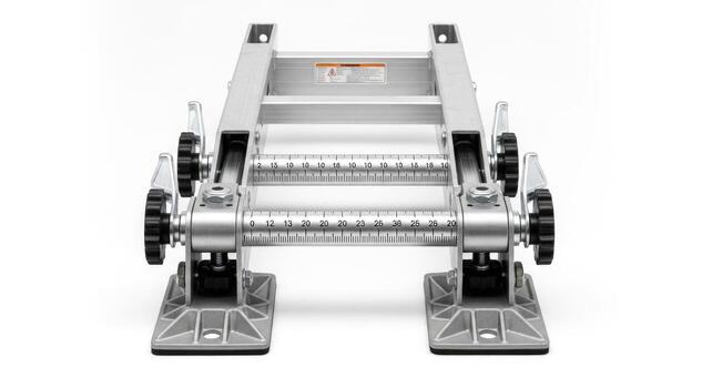 Adjustable metal scaffolding platform legs isolated on white background photo