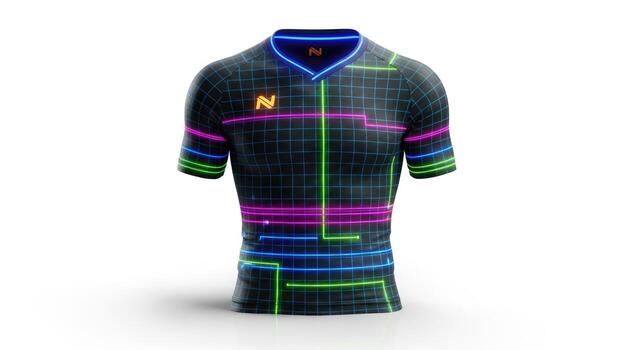 Futuristic cycling jersey with neon grid pattern isolated on white background photo