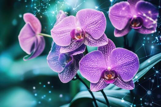 Close-up of vibrant purple orchids with a digital overlay photo