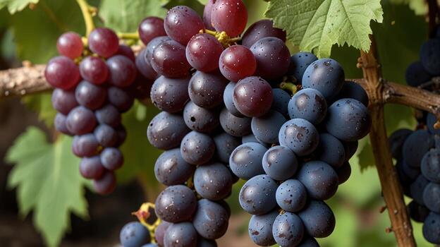 Close-up of bunches of ripe dark grapes on a vine photo