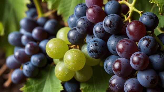 Close-up of clusters of green and purple grapes photo