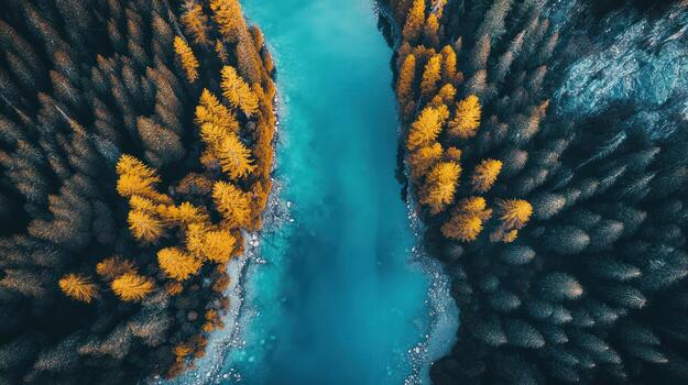 High-angle view of a winding river flowing through a dense forest photo