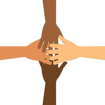 Unity in diversity concept with hands of different races. Teamwork Success. Teamwork Hands Diversity Unity Skin Community Friendship Top view. four hands join forces in unity strength collaboration. vector