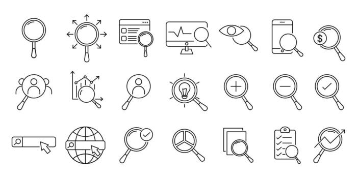 Set of line icons related to search, Outline icons collection. Set of Magnifying Glass and File Search Icons. Simple illustration. vector