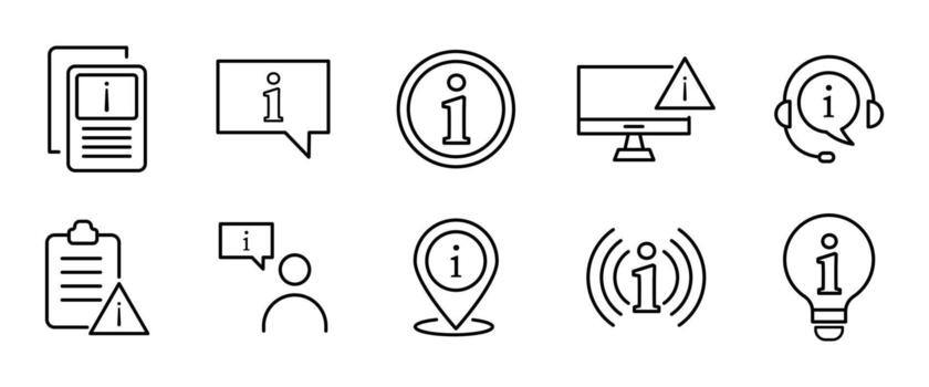 Information icon set. info line icon set. support, personal information, inform, location, alert info, notice, user info, icons collection. vector