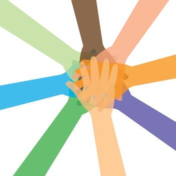 Unity in diversity concept with hands of different races. Teamwork Success. Teamwork Hands Diversity Unity Skin Community Friendship Top view. join forces in unity strength collaboration. vector