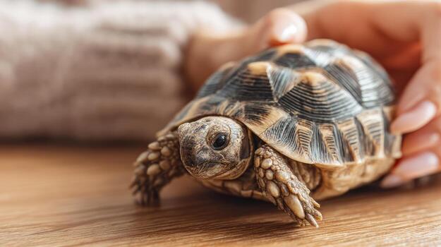 Small tortoise being gently touched by hand on wood surface, close-up photo