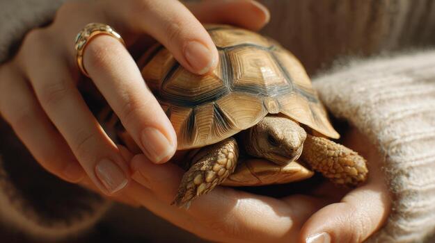 Hands gently cradle a small, tan tortoise photo