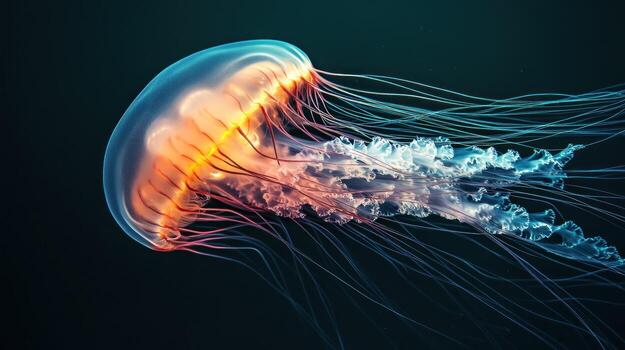 A translucent jellyfish, predominantly orange and pink, with long, flowing tentacles displays a gradient of blue and white near the bottom, floating against a dark background photo
