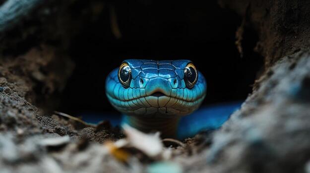 Close-up of a vibrant blue snake emerging from a dark hole photo