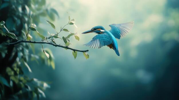 un vibrante azul martín pescador en vuelo, alas extendido, cerca un frondoso rama. suave, difundido ligero se baña el escena en un tranquilo, etéreo atmósfera. el antecedentes es borroso, enfatizando el pájaro foto