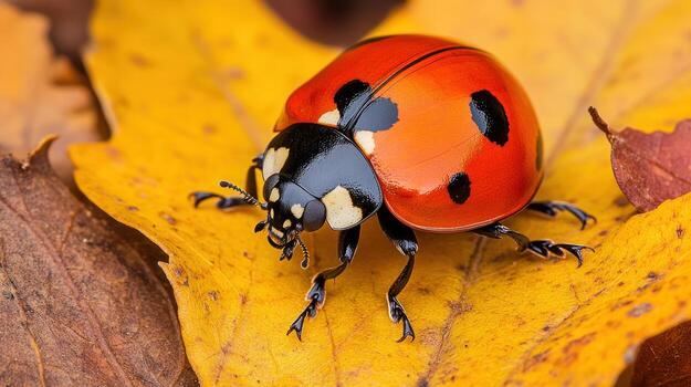 Ladybug on autumn leaves photo