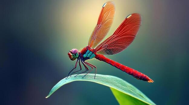 vibrante libélula descansando en un hoja foto