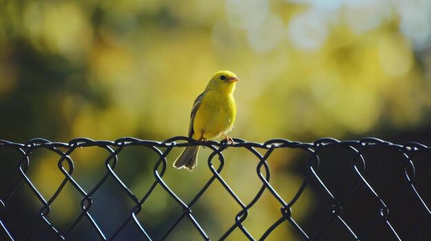 A small yellow bird perched on a chain link fence 1 photo