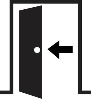 A door is open with an arrow pointing into the room. vector