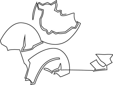 An abstract black and white line drawing featuring fragmented, curved, and angular shapes, creating a dynamic and deconstructed form with a sense of movement. vector