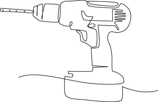 Single line drawing of a cordless power drill, showcasing its essential components like the chuck, motor housing, trigger, and battery pack. vector