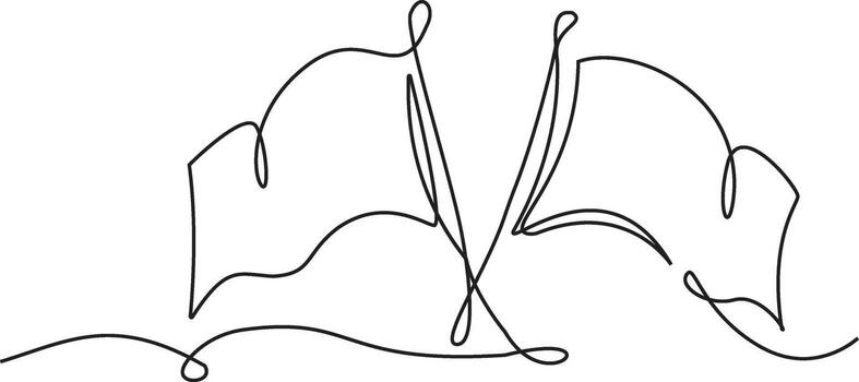 An elegant continuous line drawing of two crossed and waving flags. The minimalist black and white illustration creates a sense of movement and simplicity. vector