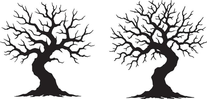 Two striking bare deciduous trees with intricate branching patterns creating dramatic silhouettes for various seasonal or symbolic uses vector