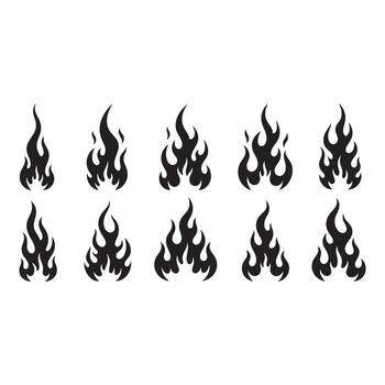 Set of flame designs isolated on white background presents various fire shapes, symbolizing energy, passion, and transformation in a dynamic collection vector