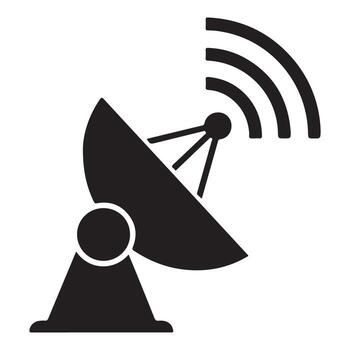 Black and white satellite dish isolated on white background, transmitting radio waves for communication and technology purposes in a simple design vector