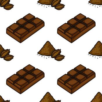 Seamless isometric pattern featuring rich dark chocolate bars and cocoa beans with powder. vector