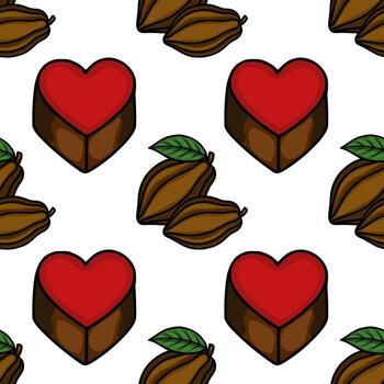 A charming pattern featuring heart-shaped chocolates and cocoa pods, perfect for confectionery branding and sweet-themed designs. vector