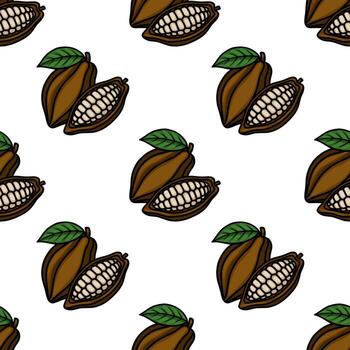 Seamless pattern of ripe brown cocoa pods with visible beans and green leaves, set against a clean white background. vector