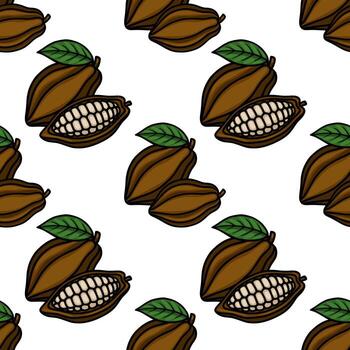 Seamless pattern featuring stylized brown cocoa pods with visible white beans inside, accented by vibrant green leaves on a clean white background. vector
