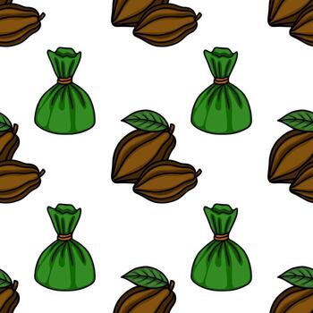 Seamless pattern of stylized cocoa pods and wrapped chocolates, featuring a clean white background and bold black outlines for a graphic, appealing look. vector