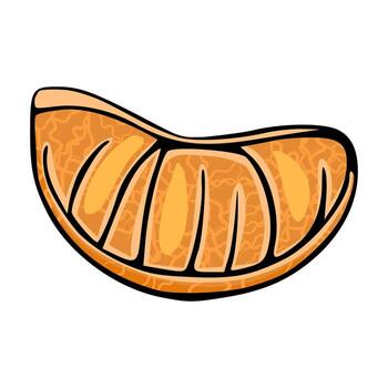A stylized illustration of a single tangerine segment with detailed internal texture and bold outlines. vector
