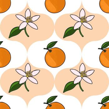 Seamless pattern featuring delicate white tangerine blossoms and ripe citrus fruits on a soft peach background. vector