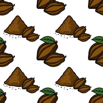 Seamless pattern featuring cocoa beans and cocoa powder with a hand-drawn aesthetic. vector
