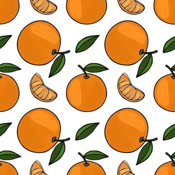 Vibrant seamless pattern featuring whole and segmented tangerines with green leaves, set against a clean white background. vector