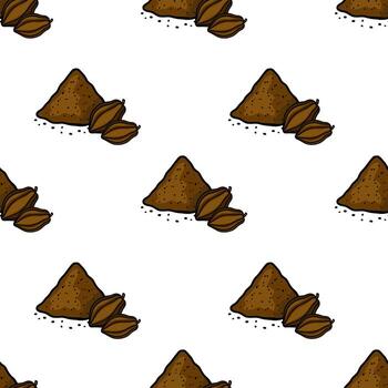 A repeating pattern of cocoa pods and rich brown cocoa powder, creating a warm, earthy background. vector