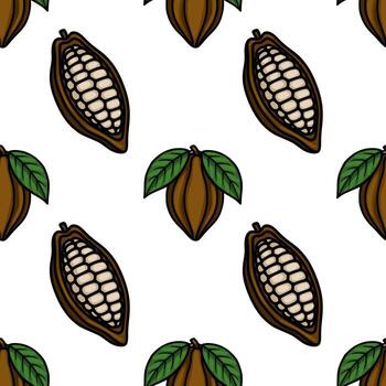 Seamless pattern of stylized cocoa pods with visible beans and green leaves, set against a white background, evoking a natural and artisanal food theme. vector