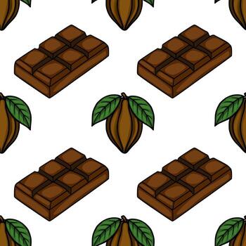 Seamless pattern featuring isometric chocolate bars and cocoa pods with green leaves on a white background. vector