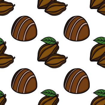 Seamless pattern of stylized chocolate candies and cocoa pods with leaves on a white background. vector