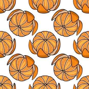 Seamless pattern of peeled tangerines with detailed segments and textured rind, rendered in a bright, cheerful, and modern illustration style. vector